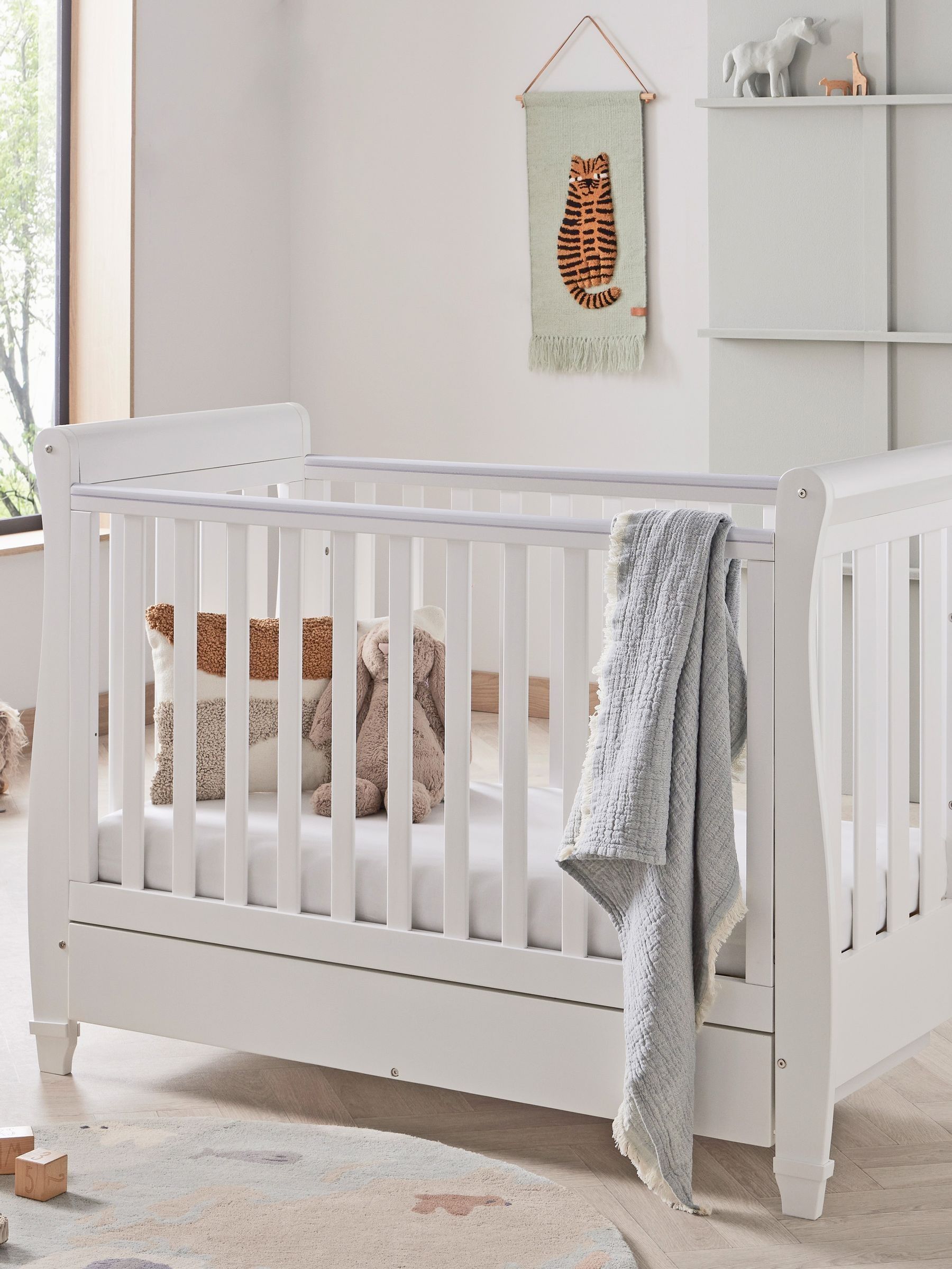 Babymore Unisex Infant White Eva Sleigh Cot Bed Dropside With Drawer