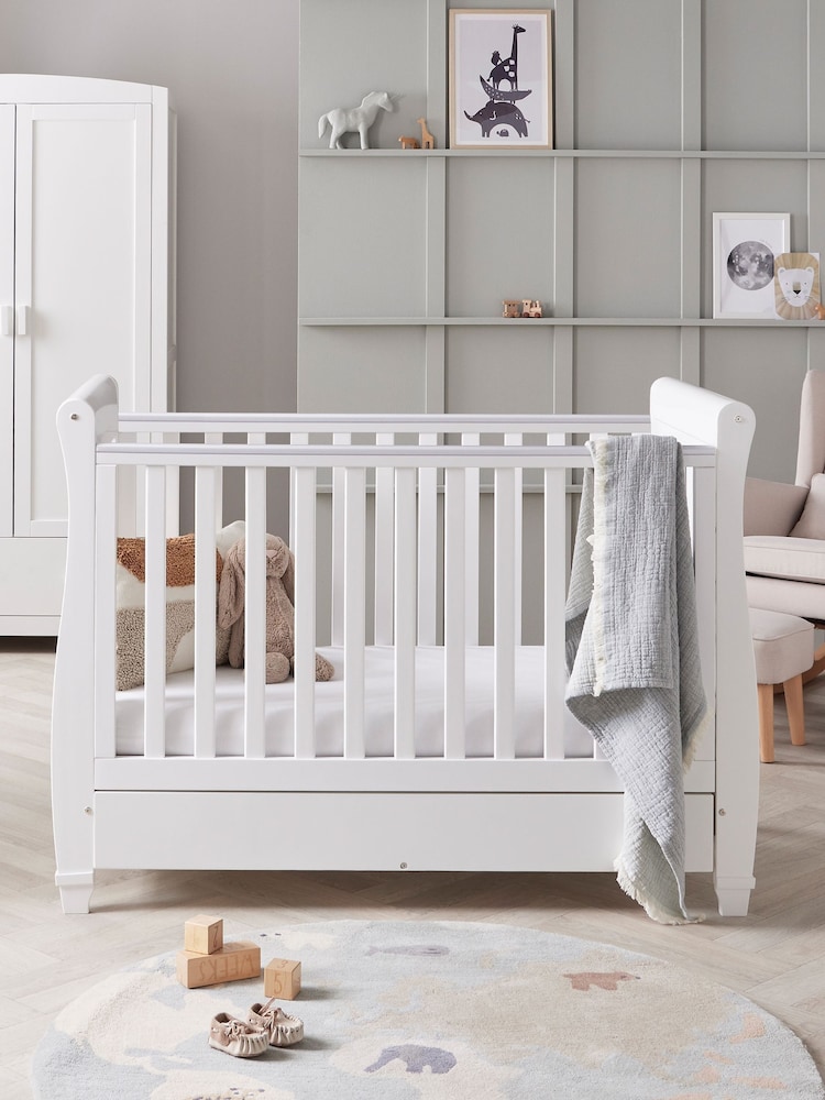 Babymore White Eva Sleigh Cot Bed Dropside with Drawer - Image 2 of 5