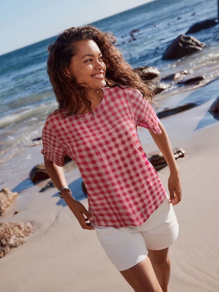 Red/Pink Gingham Short Sleeve Boxy T-Shirt with Linen - Image 1 of 3 Red/Pink Gingham Short Sleeve Boxy T-Shirt with Linen - Image 1 of 3