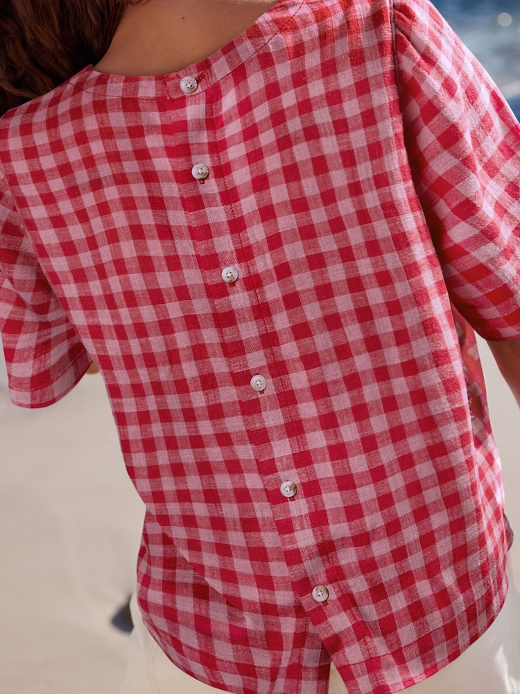 Red/Pink Gingham Short Sleeve Boxy T-Shirt with Linen - Image 2 of 3 Red/Pink Gingham Short Sleeve Boxy T-Shirt with Linen - Image 2 of 3