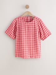 Red/Pink Gingham Short Sleeve Boxy T-Shirt with Linen - Image 4 of 6