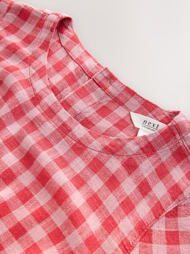 Red/Pink Gingham Short Sleeve Boxy T-Shirt with Linen - Image 6 of 6 Red/Pink Gingham Short Sleeve Boxy T-Shirt with Linen - Image 6 of 6