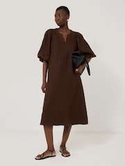 Jigsaw Brown 100% Linen Puff Sleeve Midi Dress - Image 1 of 6