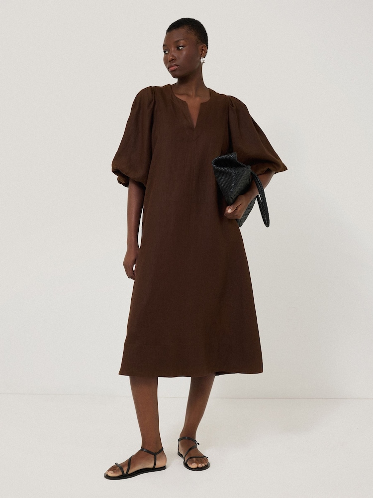 Jigsaw Brown 100% Linen Puff Sleeve Midi Dress - Image 1 of 6