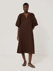 Jigsaw Brown 100% Linen Puff Sleeve Midi Dress - Image 3 of 6