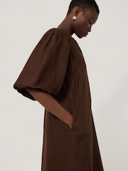 Jigsaw Brown 100% Linen Puff Sleeve Midi Dress - Image 4 of 6