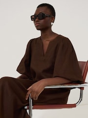 Jigsaw Brown 100% Linen Puff Sleeve Midi Dress - Image 5 of 6