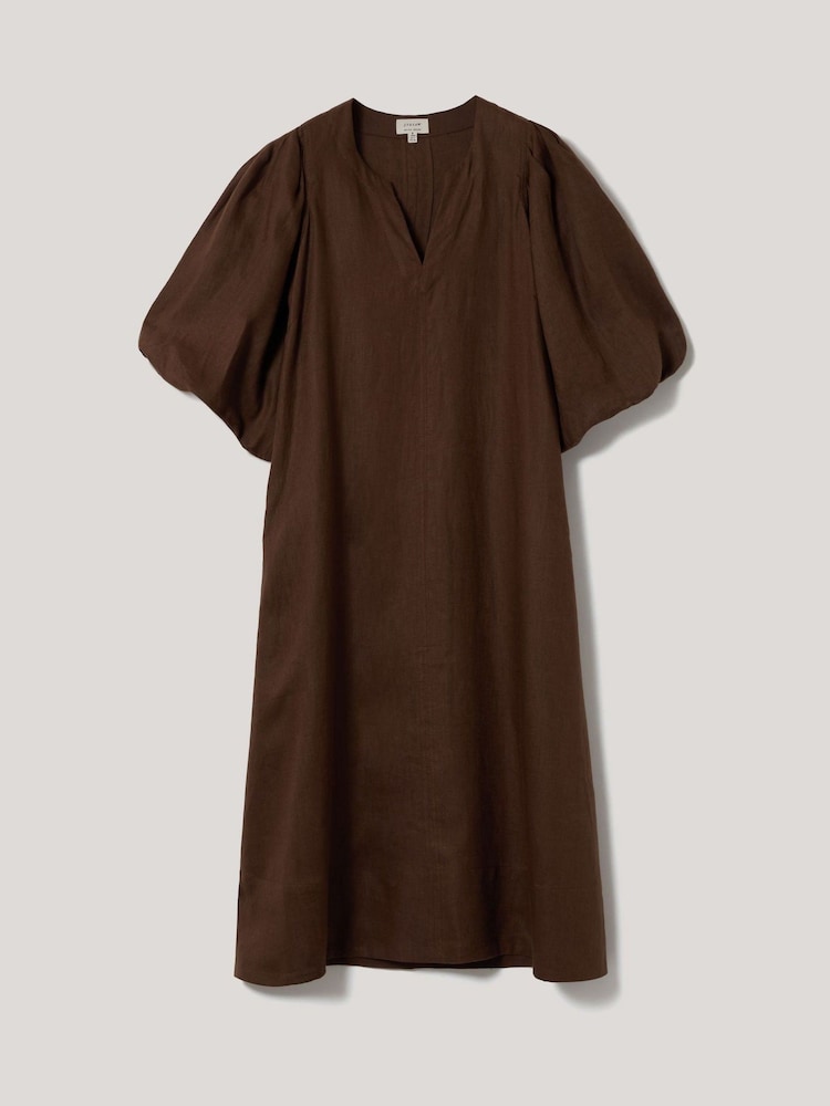 Jigsaw Brown 100% Linen Puff Sleeve Midi Dress - Image 6 of 6
