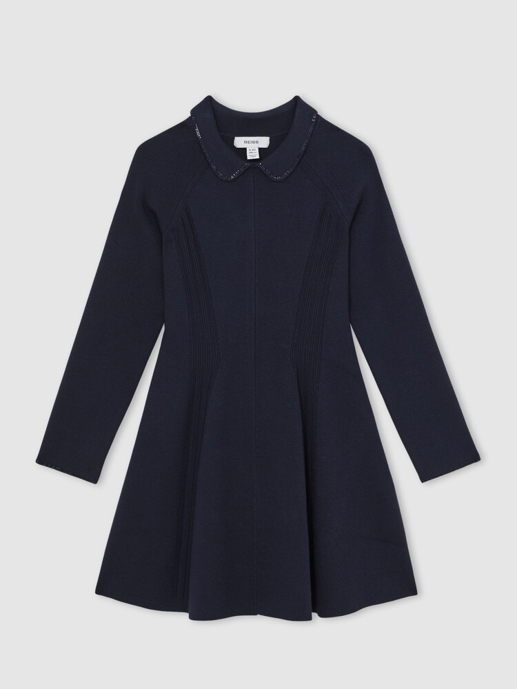 Reiss Navy Zadie Embellished Collar Knitted Dress - Image 1 of 4