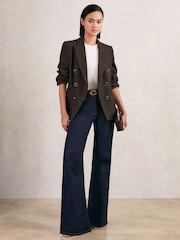Reiss Brown Check Ayla Petite Wool-Blend Double-Breasted Check Blazer - Image 1 of 8