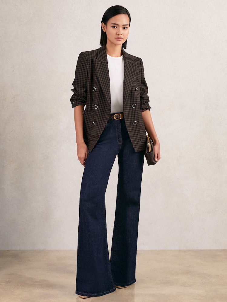 Reiss Brown Check Ayla Petite Wool-Blend Double-Breasted Check Blazer - Image 1 of 8