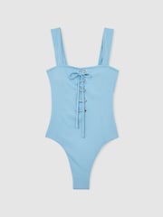 Reiss Blue Fabienne Ribbed Lace Up Swimsuit - Image 2 of 5