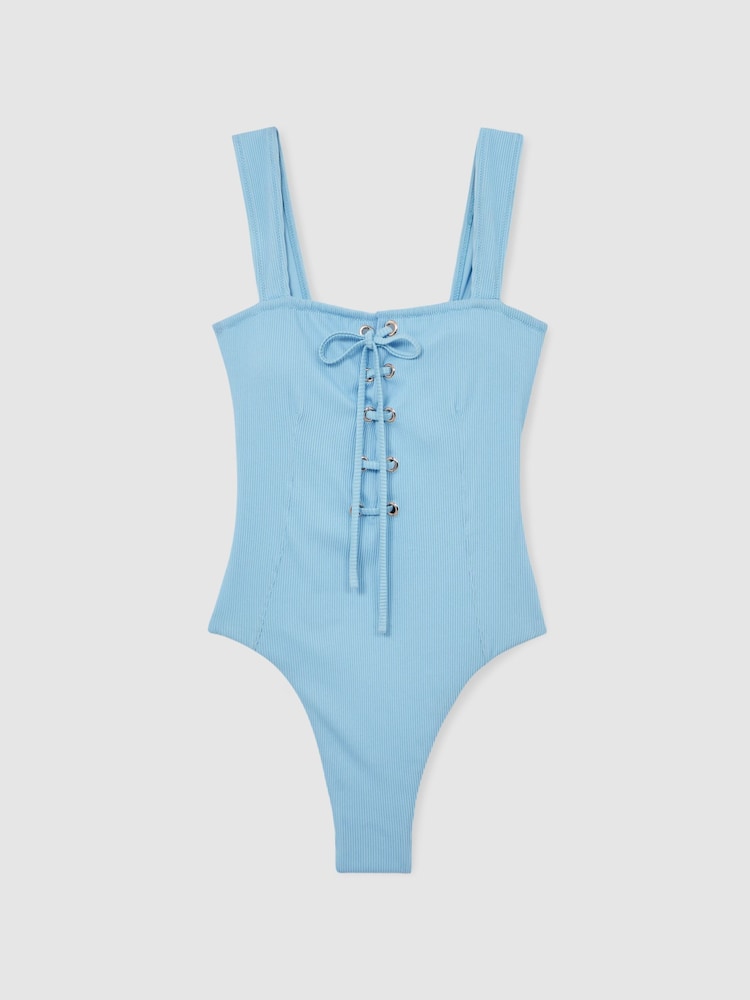 Reiss Blue Fabienne Ribbed Lace Up Swimsuit - Image 2 of 5