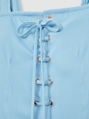 Reiss Blue Fabienne Ribbed Lace Up Swimsuit - Image 5 of 5