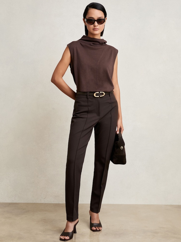 Reiss Chocolate Brown Norla Petite Pintuck Tapered Trousers - Image 1 of 8