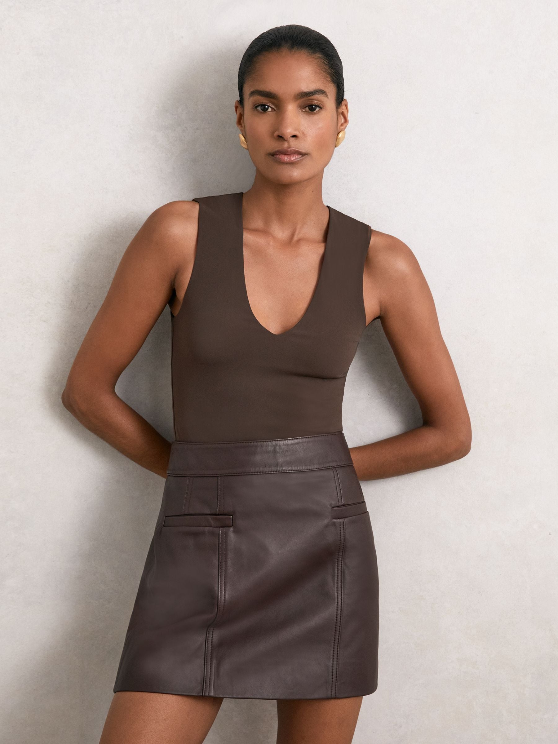 Buy Reiss Chocolate Brown Wren V-Neck Sleeveless Bodysuit from the