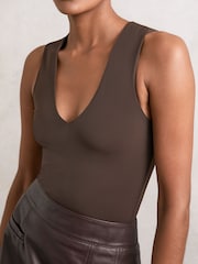 Reiss Chocolate Brown Wren V-Neck Sleeveless Bodysuit - Image 5 of 7