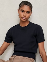 Reiss Navy Anita Cotton And Wool Crew-Neck Top - Image 1 of 6