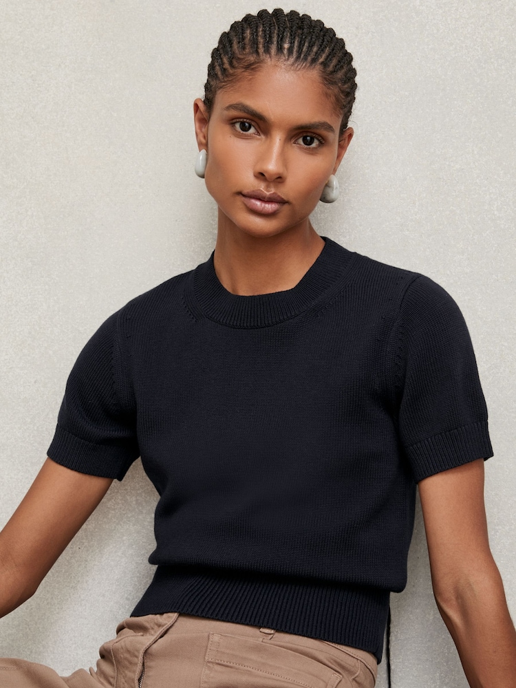 Reiss Navy Anita Cotton And Wool Crew-Neck Top - Image 1 of 6