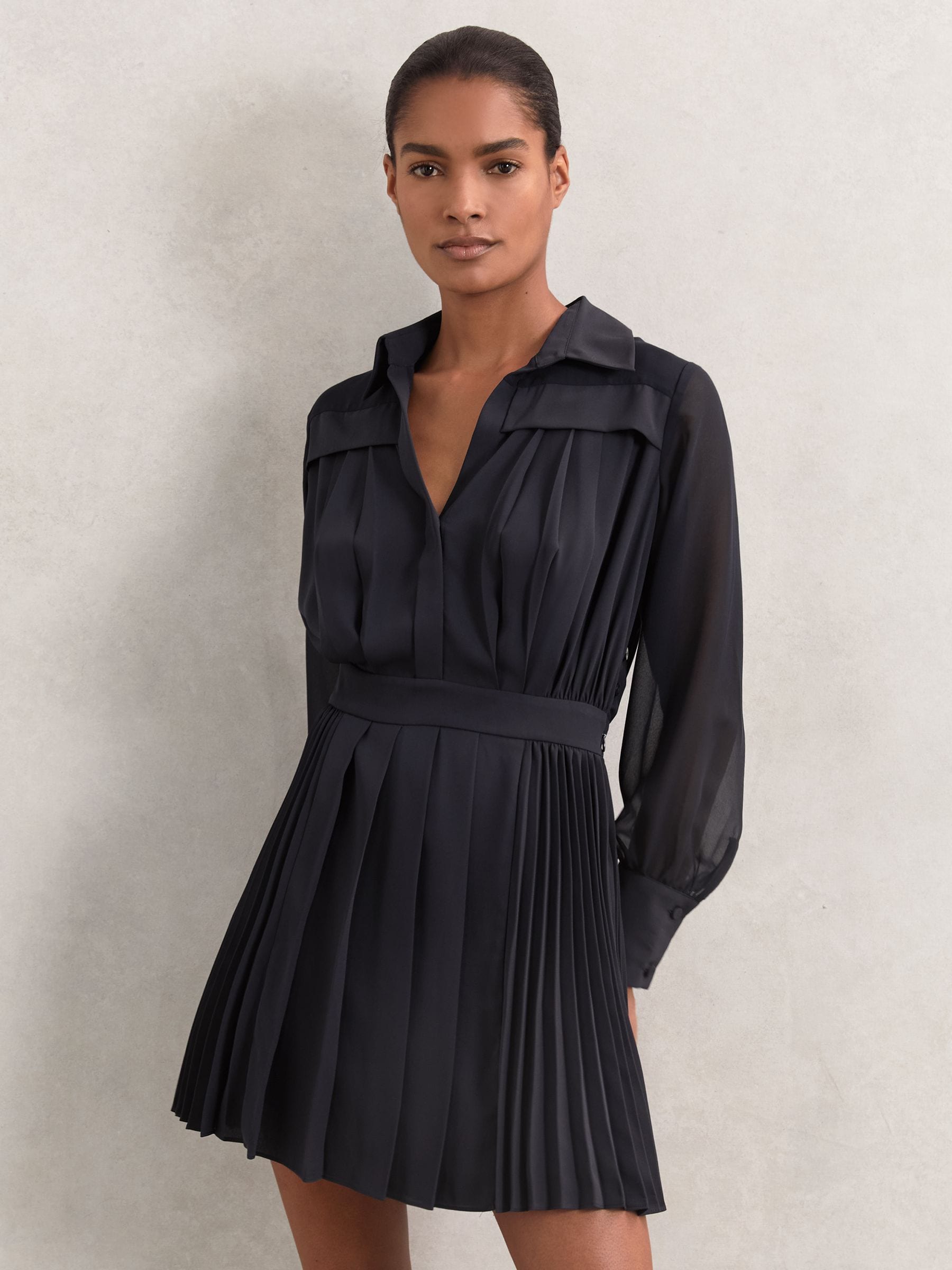 Buy Reiss Navy Giselle Pleated Sheer-Sleeve Mini Dress from Next USA