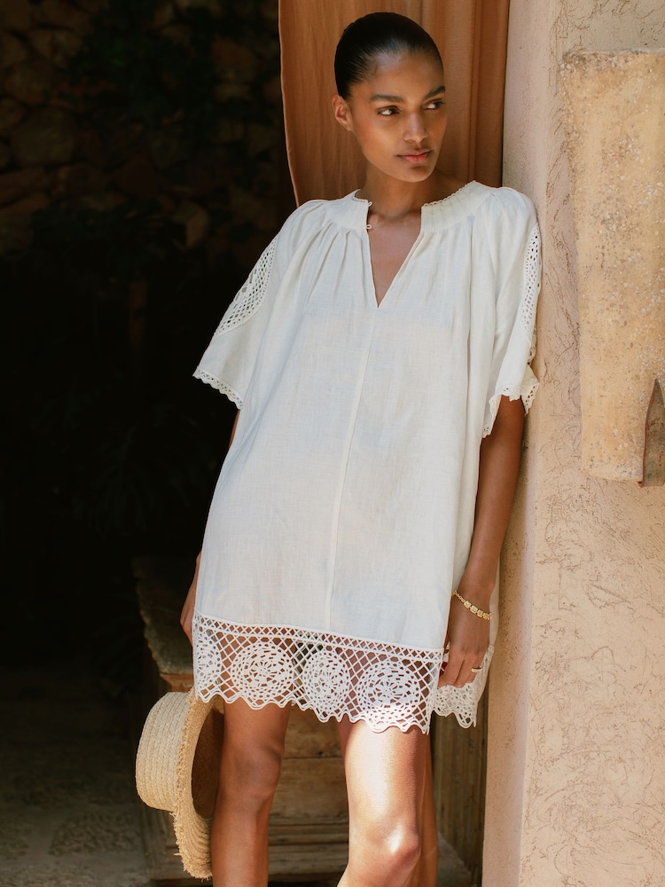 Reiss Ivory Carina Linen Embroidered Shift Dress - Image 1 of 7