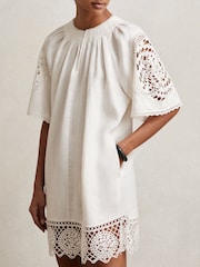 Reiss Ivory Carina Linen Embroidered Shift Dress - Image 4 of 7