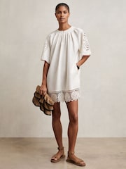 Reiss Ivory Carina Linen Embroidered Shift Dress - Image 5 of 7