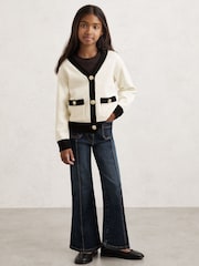 Reiss Ecru Mila Tipped V-Neck Cardigan - Image 1 of 4