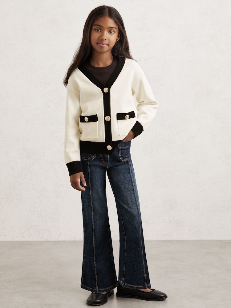 Reiss Ecru Mila Tipped V-Neck Cardigan - Image 1 of 4