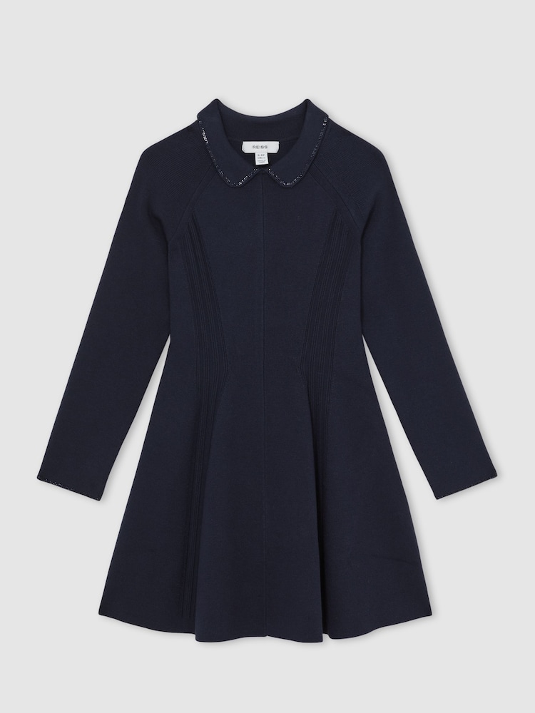 Reiss Navy Zadie Embellished Collar Knitted Dress - Image 2 of 4
