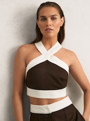 Reiss Chocolate/Cream Rebecca Linen Halterneck Cropped Top - Image 1 of 6