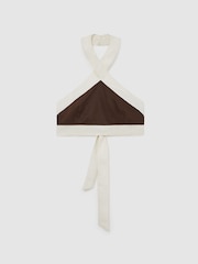 Reiss Chocolate/Cream Rebecca Linen Halterneck Cropped Top - Image 6 of 6