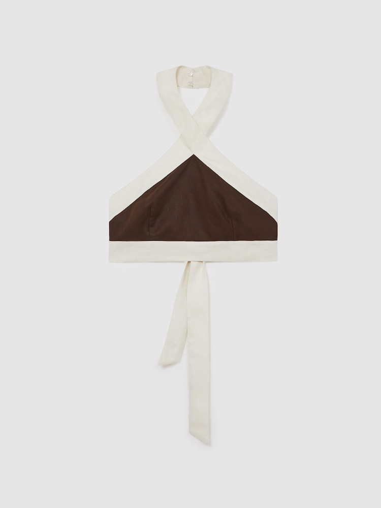 Reiss Chocolate/Cream Rebecca Linen Halterneck Cropped Top - Image 6 of 6