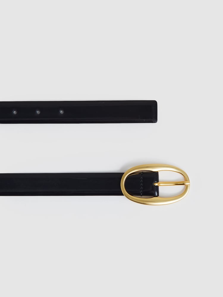 Reiss Navy Drew Patent Leather Oval Buckle Belt - Image 2 of 3