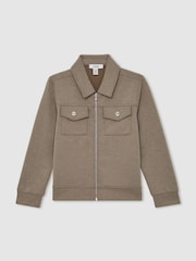 Reiss Taupe Brown Medina Interlock Zip Through Overshirt - Image 1 of 4