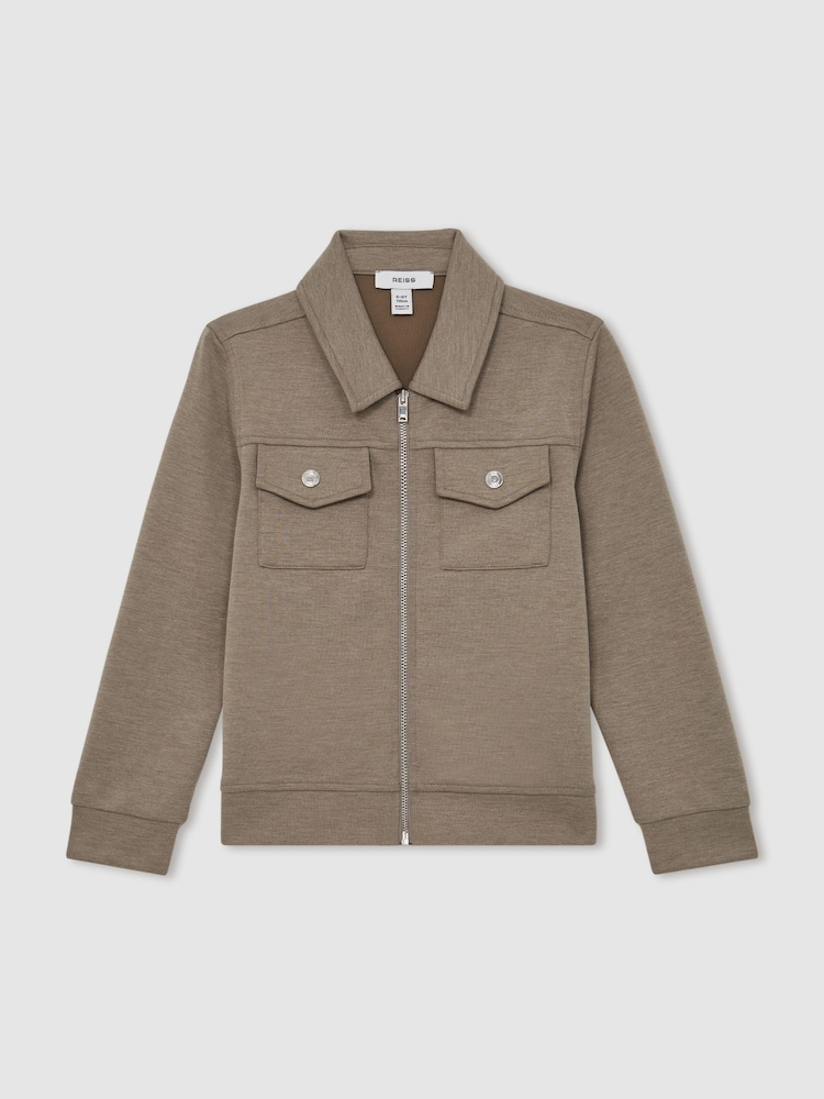 Reiss Taupe Brown Medina Interlock Zip Through Overshirt - Image 1 of 4
