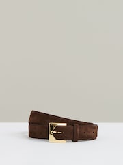 Reiss Chocolate Belinda Suede Square Buckle Belt - Image 1 of 4