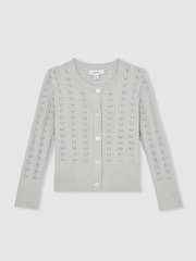Reiss Grey Fae Cotton And Wool Blend Pointelle Cardigan - Image 2 of 4