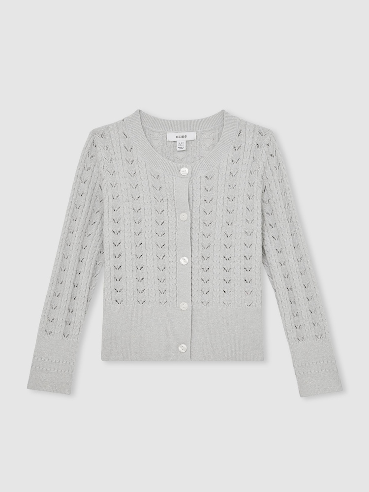 Reiss Grey Fae Cotton And Wool Blend Pointelle Cardigan - Image 2 of 4