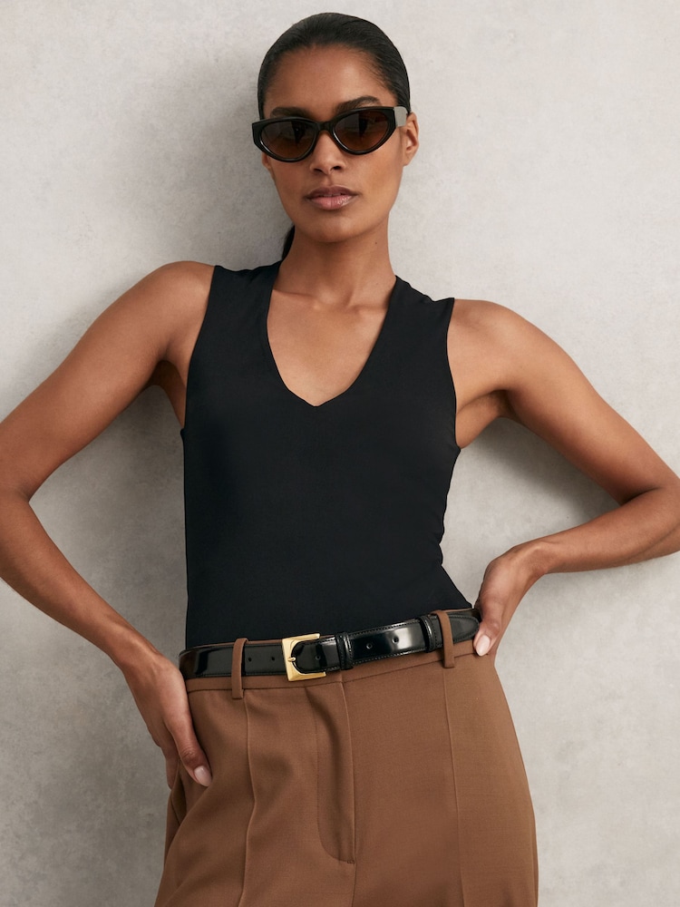 Reiss Black Belinda Patent Leather Square Buckle Belt - Image 2 of 4
