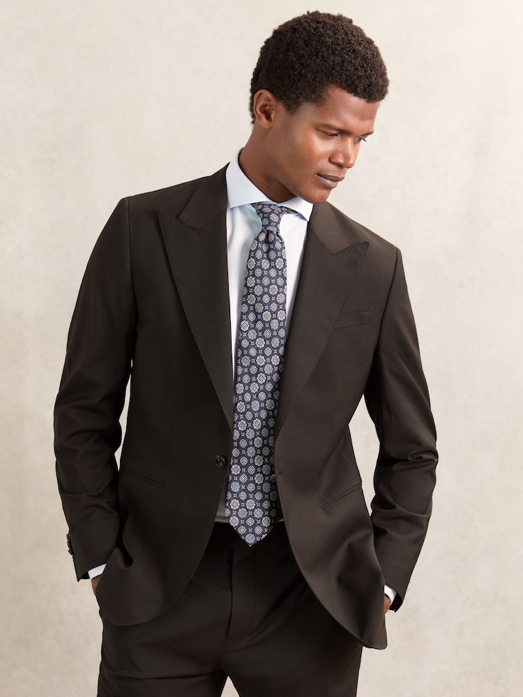 Reiss Chocolate Brown Oscar Regular-Fit Single-Breasted Wool-Blend Suit Blazer - Image 1 of 9