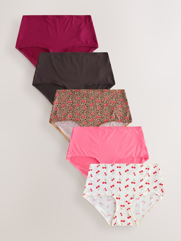 Leopard/Cherry Print Midi Microfibre Knickers 5 Pack - Image 1 of 1 Leopard/Cherry Print Midi Microfibre Knickers 5 Pack - Image 1 of 1