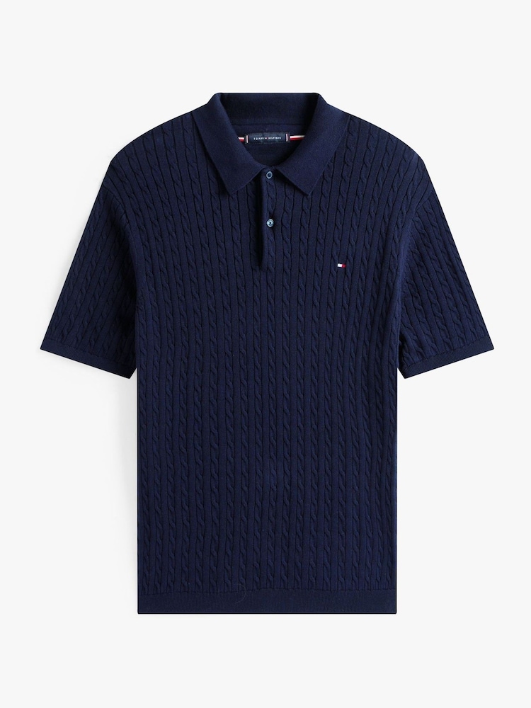 Tommy Hilfiger Blue Regular Fit Cable Knit Polo Shirt - Image 5 of 5