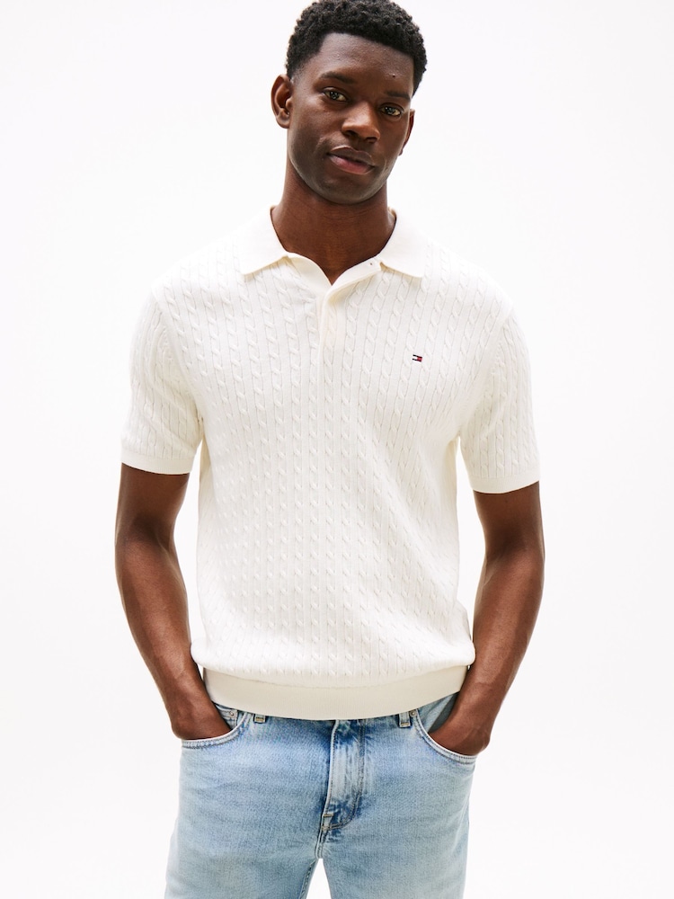 Tommy Hilfiger Cream Regular Fit Cable Knit Polo Shirt - Image 1 of 5