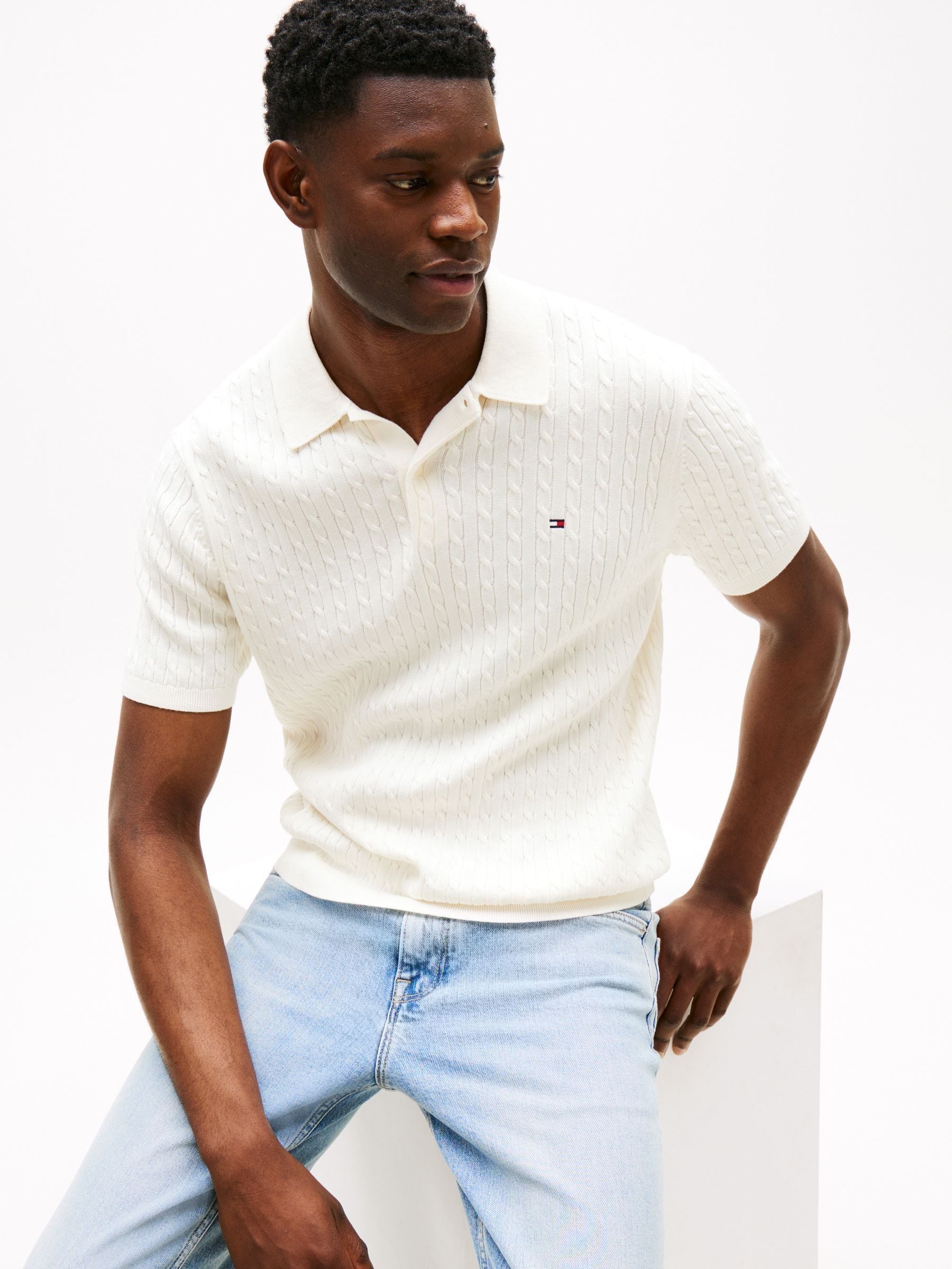 Buy Tommy Hilfiger Cream Regular Fit Cable Knit Polo Shirt from