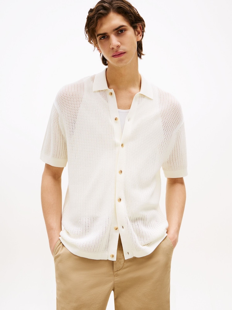 Tommy Hilfiger Cream Relaxed Fit Open Knit Short Sleeve Shirt - Image 1 of 5