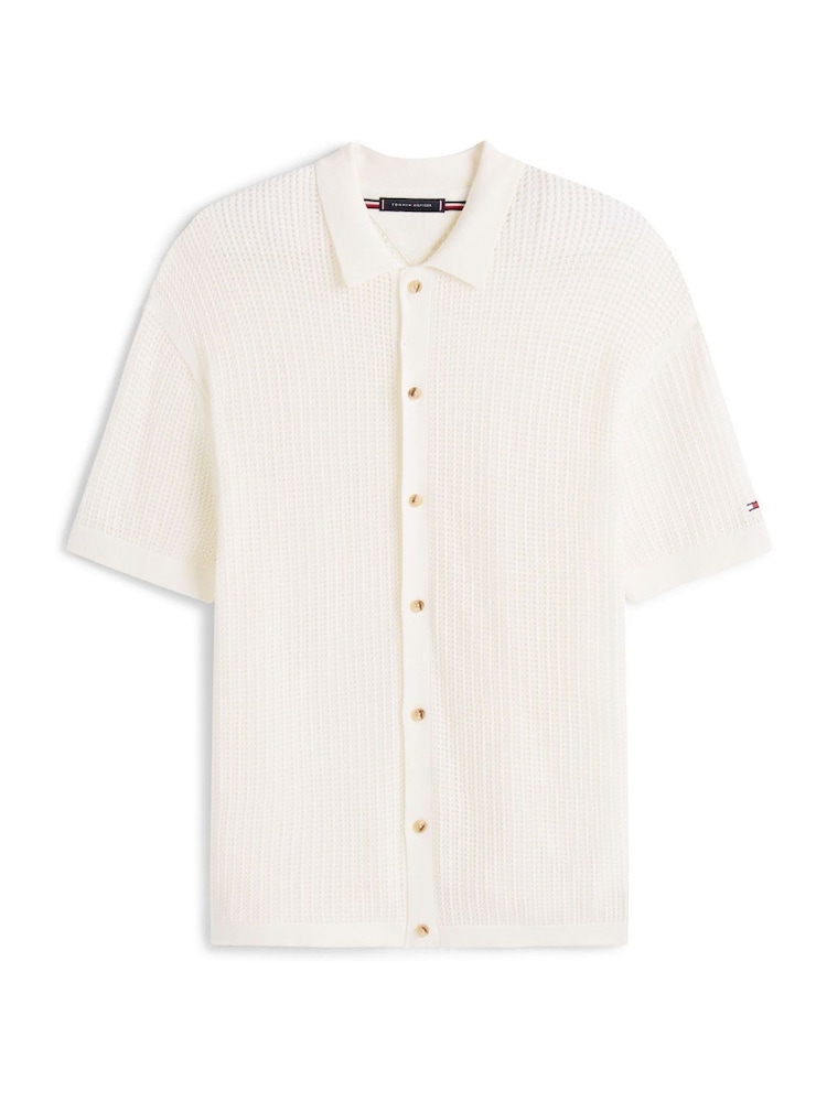 Tommy Hilfiger Cream Relaxed Fit Open Knit Short Sleeve Shirt - Image 5 of 5