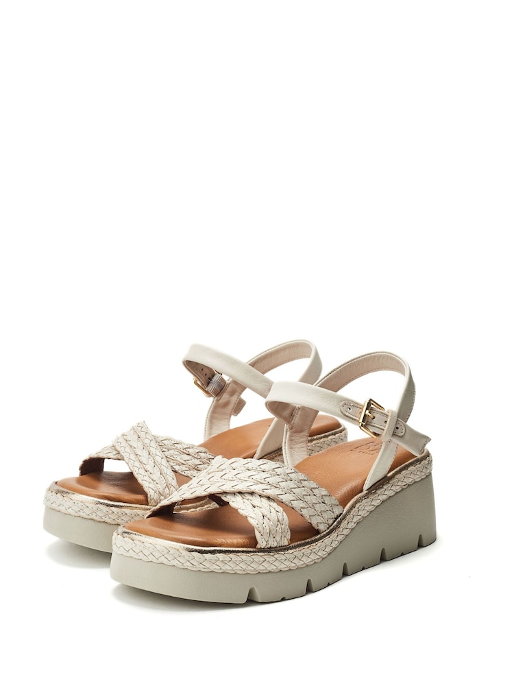 Moda in Pelle Gold Keroya Cross-Over Woven Leather Wedge Sandals - Image 2 of 4