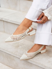 Linzi Cream Carolina Low Heeled Woven Slingback Courts - Image 1 of 6