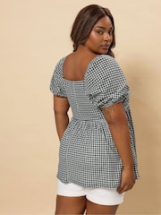Yours Curve Black Textured Peplum Gingham Pico Top - Image 2 of 5